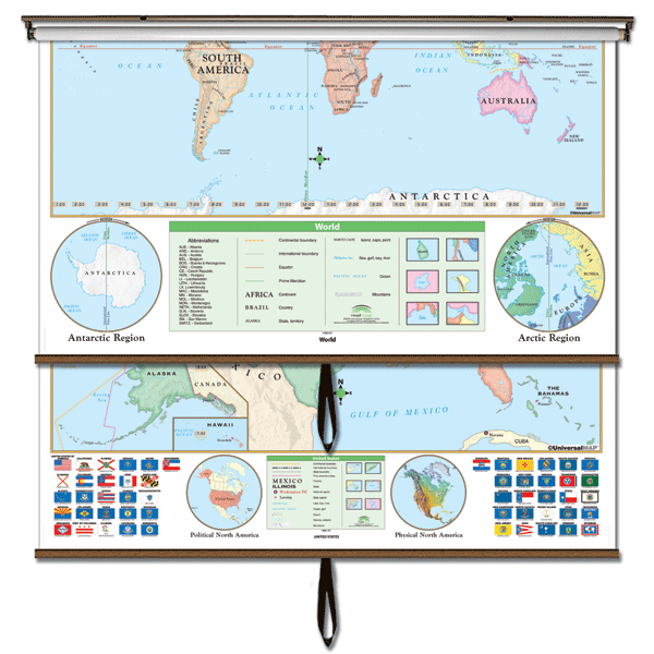 Custom Classroom Maps Sets US/World Beginner Combo Classroom Wall Map